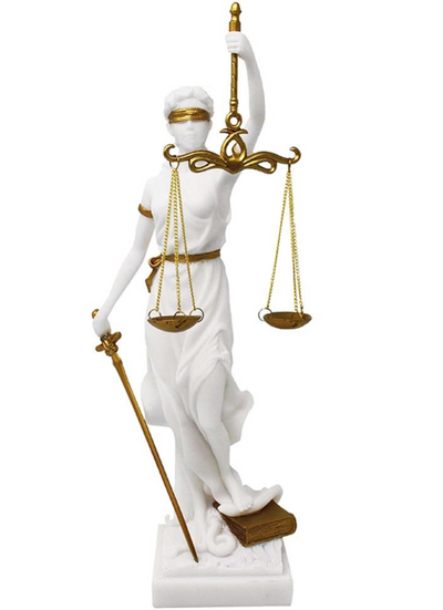 Figura de Temis con posibilidad de personalización con grabado - regalo elegante para abogado, juez o estudiante de derecho, blanca con acentos dorados, altura 35 cm, pintada a mano en polyresina
