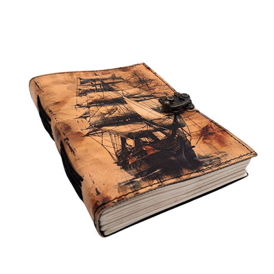 Cuaderno de cuero marinero velero retro con grabado