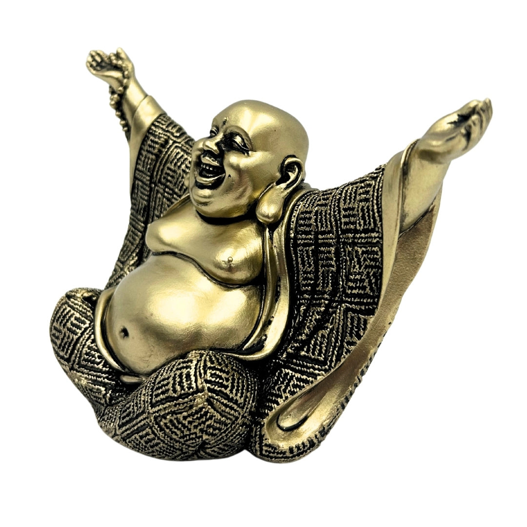 Figura de Buda alegre en dorado con opción de grabado personalizado - elegante decoración para regalo de 17,1 cm de altura en polyresina, simboliza riqueza y felicidad