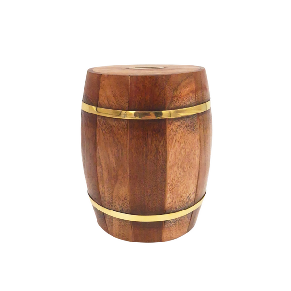 Hucha grande de madera barril con herrajes de latón