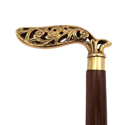 Elegante bastón plegable de madera con mango ricamente decorado en color marrón y dorado con posibilidad de personalización con grabado