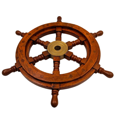 Timón de madera con inserto de latón y espacio para cuña - diámetro 30 cm - regalo ideal con opción de personalización mediante grabado - estilo náutico y retro