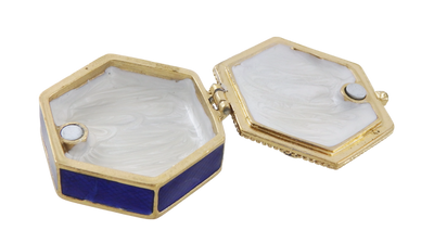 Elegante caja metálica de regalo con cristales B0035-08BL en colores azul marino y dorado con posibilidad de personalización con grabado