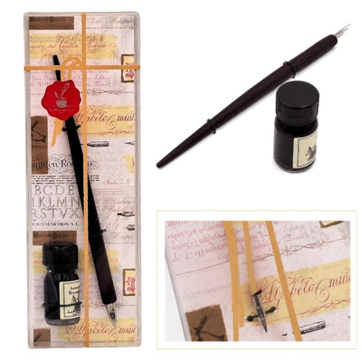 Set elegante de caligrafía con pluma de madera y tinta negra, posibilidad de personalización con grabado, ideal para regalo a amantes del arte de la escritura, en caja decorativa 7,5 x 22 x 3 cm