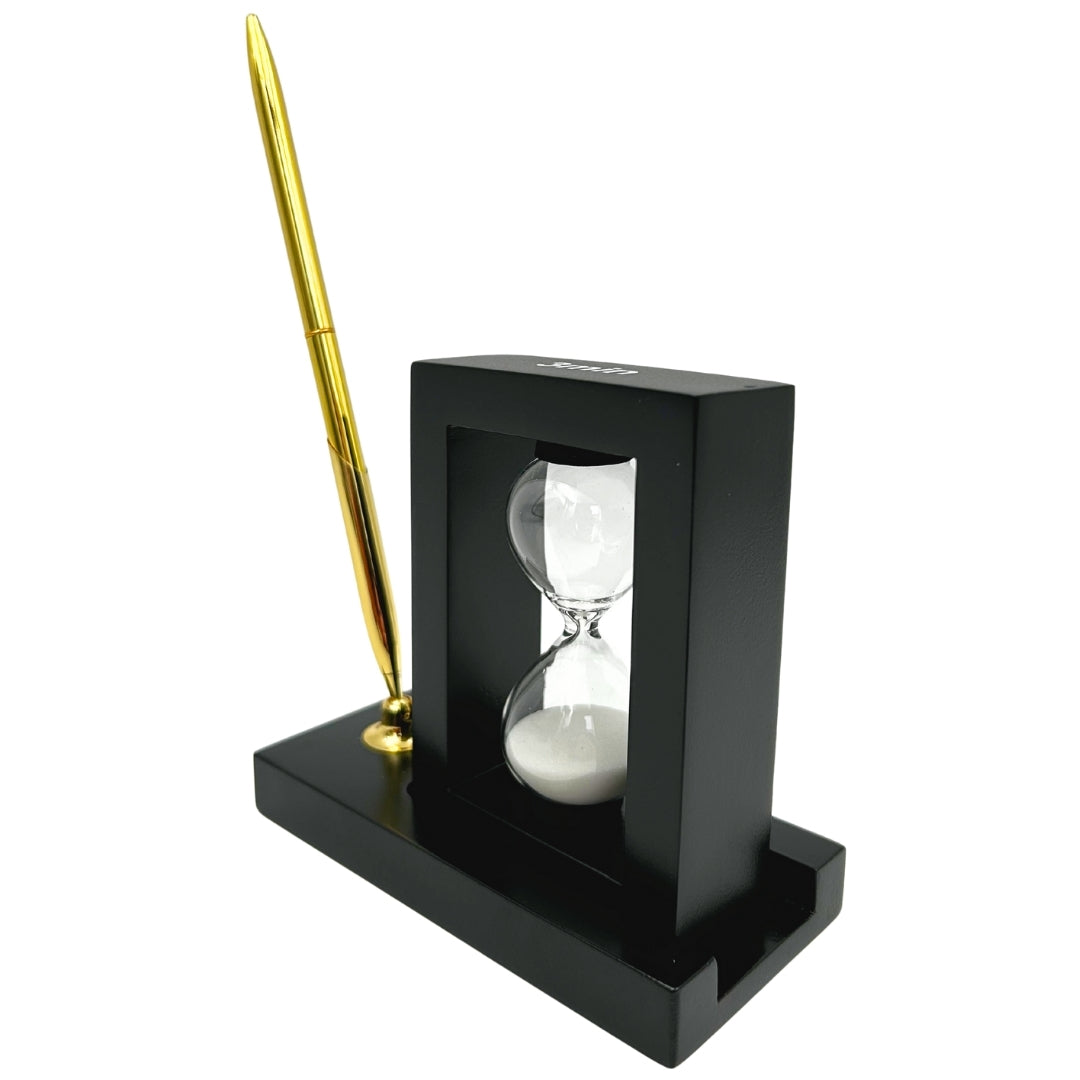 Set decorativo de escritorio con reloj de arena de 3 minutos y soporte para bolígrafo con grabado