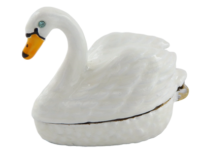 Elegante caja metálica de regalo en forma de cisne con posibilidad de personalización con grabado, blanco y dorado, ideal para guardar joyas - dimensiones 5x3,7x2,7 cm