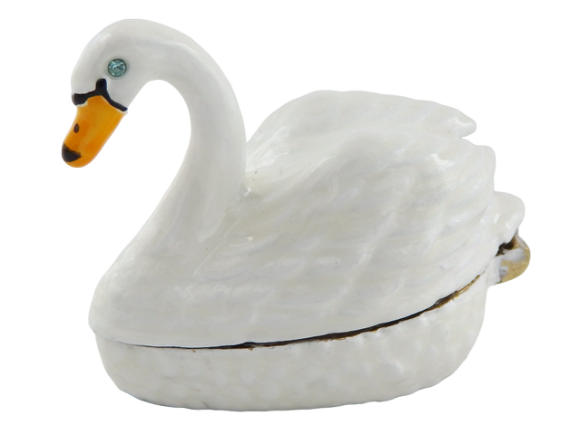 Elegante caja metálica de regalo en forma de cisne con posibilidad de personalización con grabado, blanco y dorado, ideal para guardar joyas - dimensiones 5x3,7x2,7 cm