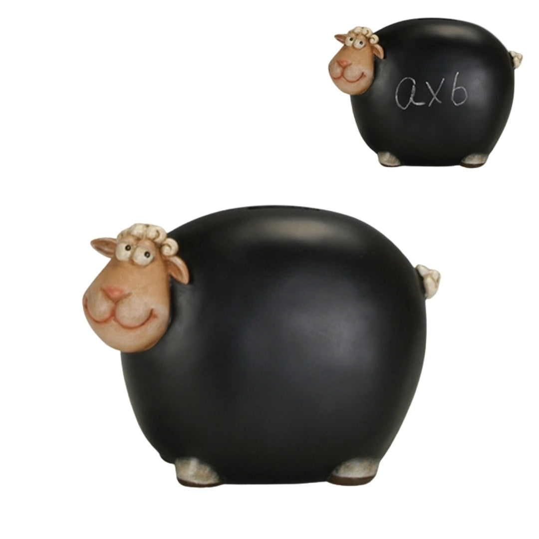 Hucha Ovejita con Pintura de Pizarra con posibilidad de personalización - Negra con elementos beige y blanco, altura 19,5 cm