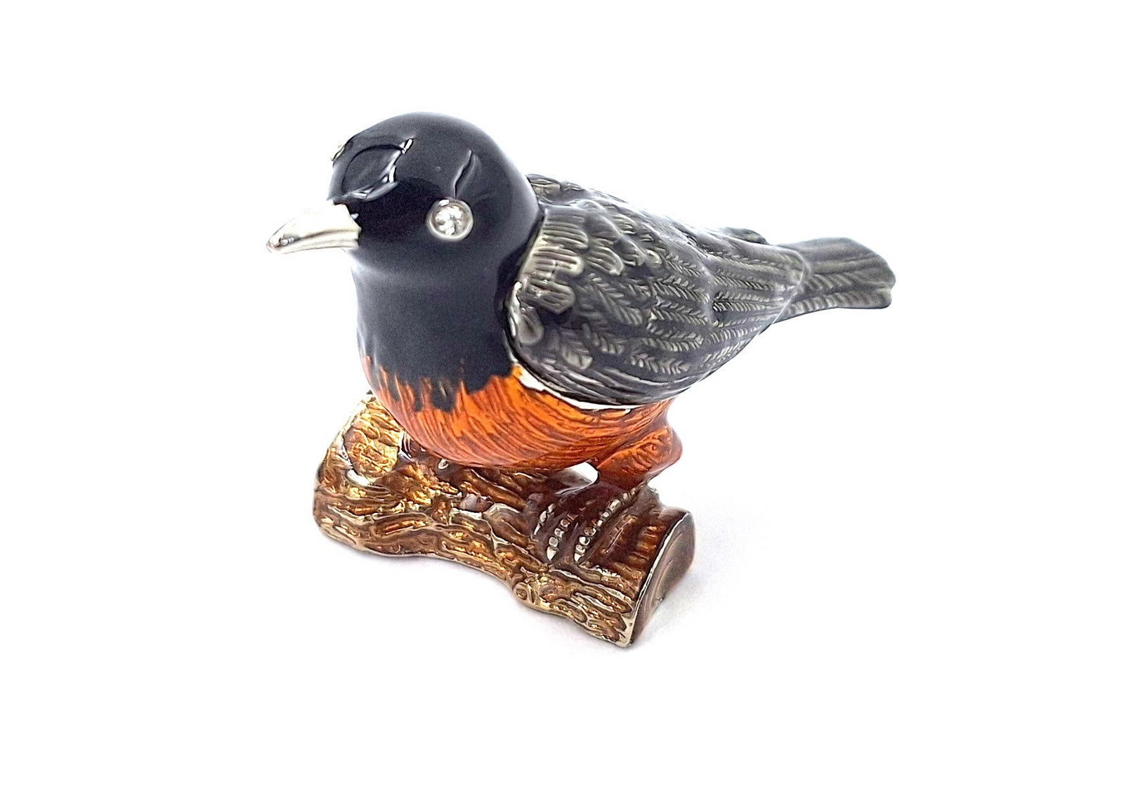 Caja metálica en forma de pajarito con cristales, personalizada con grabado, ideal para regalo - negra, plateada, marrón, naranja, dimensiones 5x6x5 cm, material: metal, esmalte, cristal