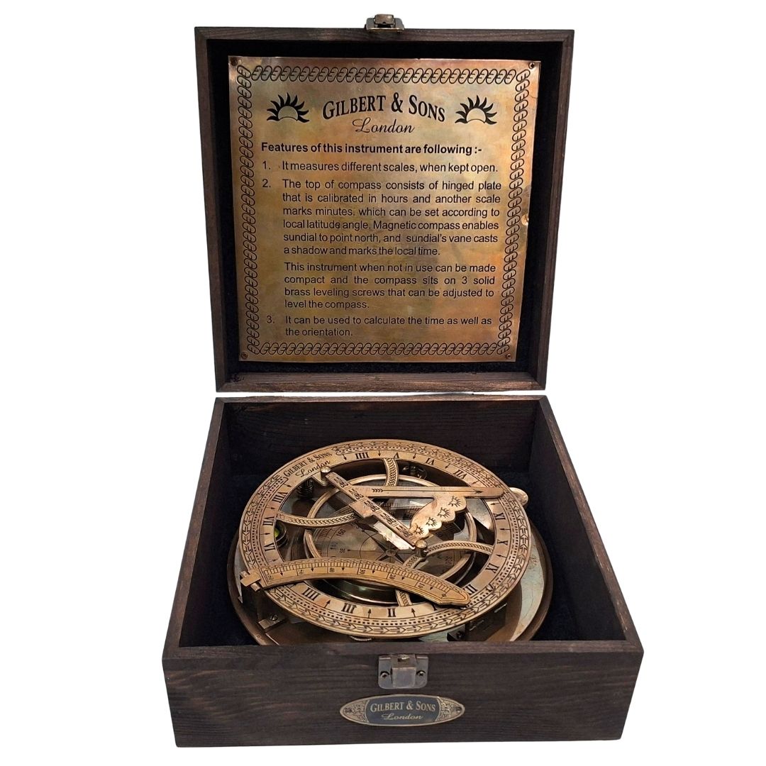 Brújula de latón de 20 cm con reloj de sol en caja de madera, con posibilidad de personalizar el grabado