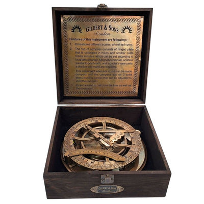 Brújula de latón de 20 cm con reloj de sol en caja de madera, con posibilidad de personalizar el grabado