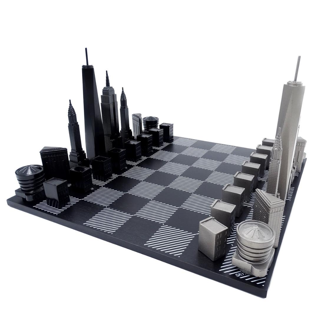 Ajedrez Skyline de Nueva York con grabado en acero inoxidable