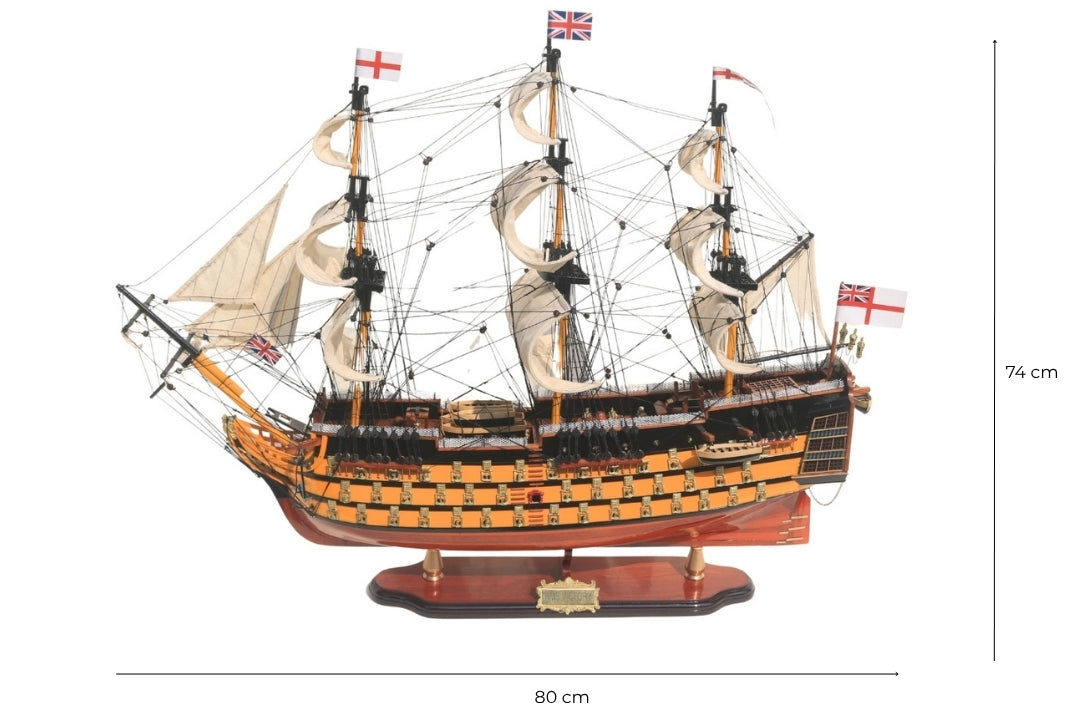 Modelo montado del velero HMS Victory de 80cm con posibilidad de personalización mediante grabado - Decoración exclusiva para regalo, hecho a mano con madera exótica, alta calidad y atención a los detalles