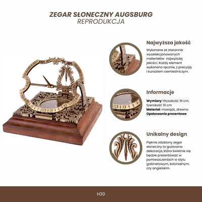 Reloj solar de latón Habsburgo H30 con opción de personalización con grabado, ideal para regalo, en elegante estilo augsburgués, altura 10 cm, sobre base de madera