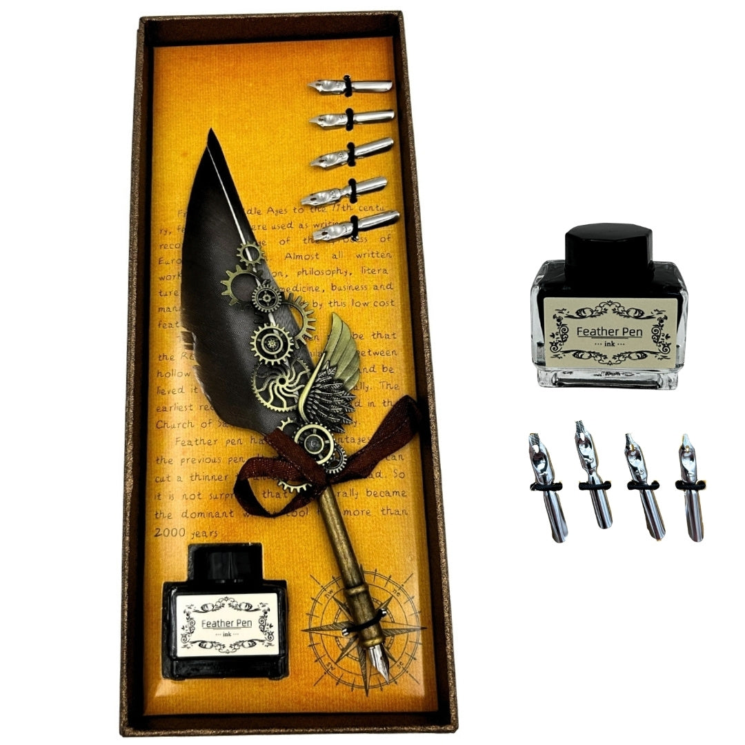 Elegante set de caligrafía retro con pluma de ganso gris, 6 plumillas, tinta de 15 ml y opción de personalización con grabado