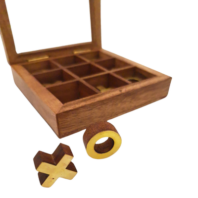 Elegante juego de tres en raya en caja con tapa de cristal con posibilidad de personalización mediante grabado - conjunto de lujo de madera y latón, ideal para regalo a profesores y directores - dimensiones 12,5 x 12,5 x 2,5 cm