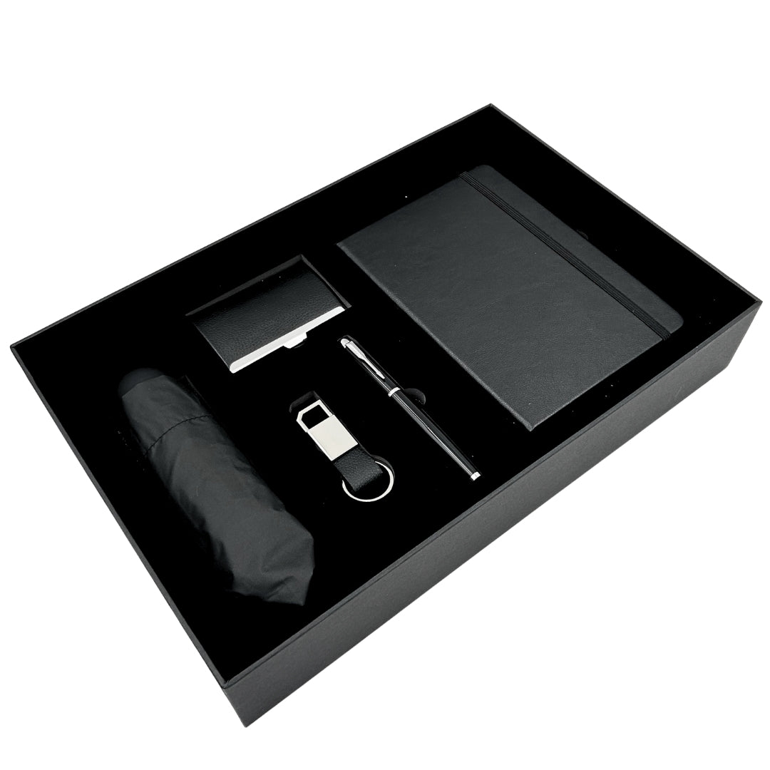 Set de Regalo Elegante Classico con Personalización - Cuaderno de Piel A5, Paraguas, Bolígrafo, Porta Tarjetas y Llavero en Caja Estética de Regalo