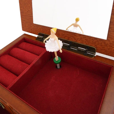 Caja de música de madera tipo joyero con espejo y grabado: un elegante regalo para joyas con dos cajones, 10cm de alto, melodía «The Entertainer»