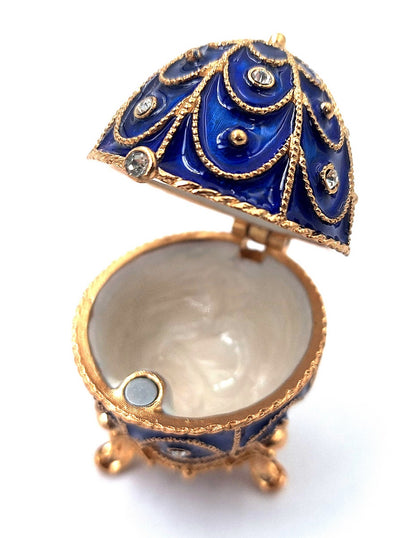 Exclusiva caja metálica con cristales en forma de huevo Fabergé, azul marino y dorado, 5,5x6,5 cm con posibilidad de personalización con grabado