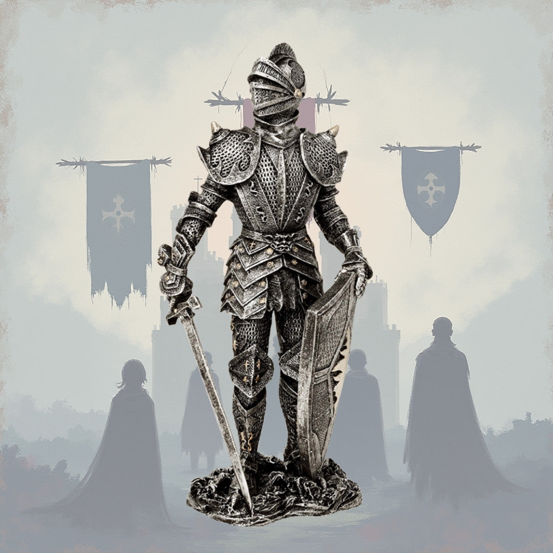 Figura decorativa Caballero en armadura plateada 30 cm con opción de grabado personalizado - Regalo elegante para amantes de la historia y fantasía, pintada a mano en poliresina  