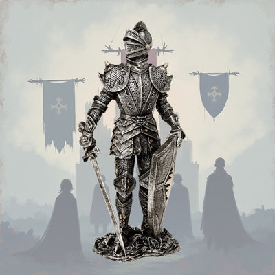 Figura decorativa Caballero en armadura plateada 30 cm con opción de grabado personalizado - Regalo elegante para amantes de la historia y fantasía, pintada a mano en poliresina  