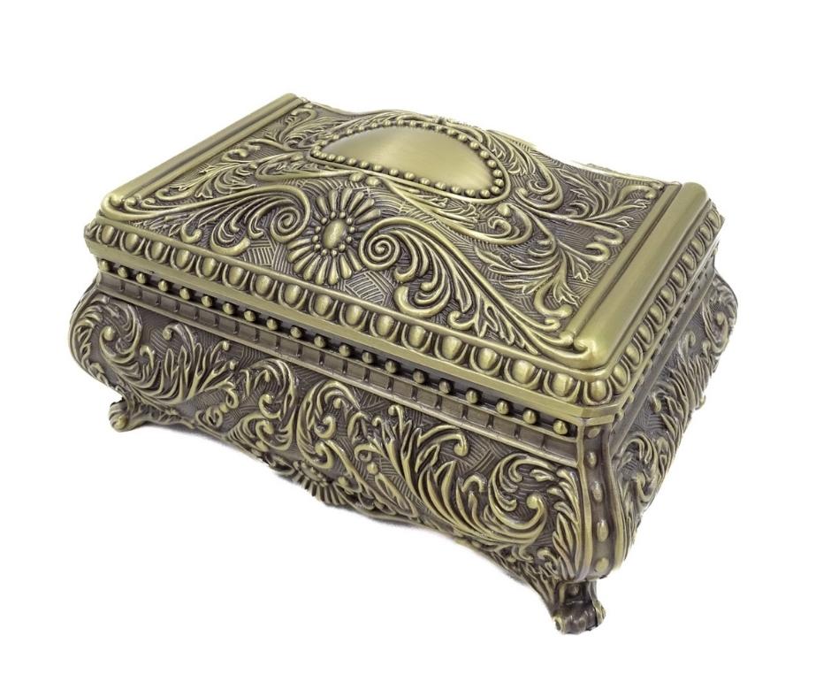 Elegante caja metálica decorativa con grabado