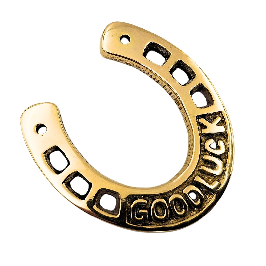 Herradura de la suerte de latón de 7 cm con grabado - Regalo elegante para casa nueva, graduación o nuevo trabajo, adorno dorado con inscripción Good Luck