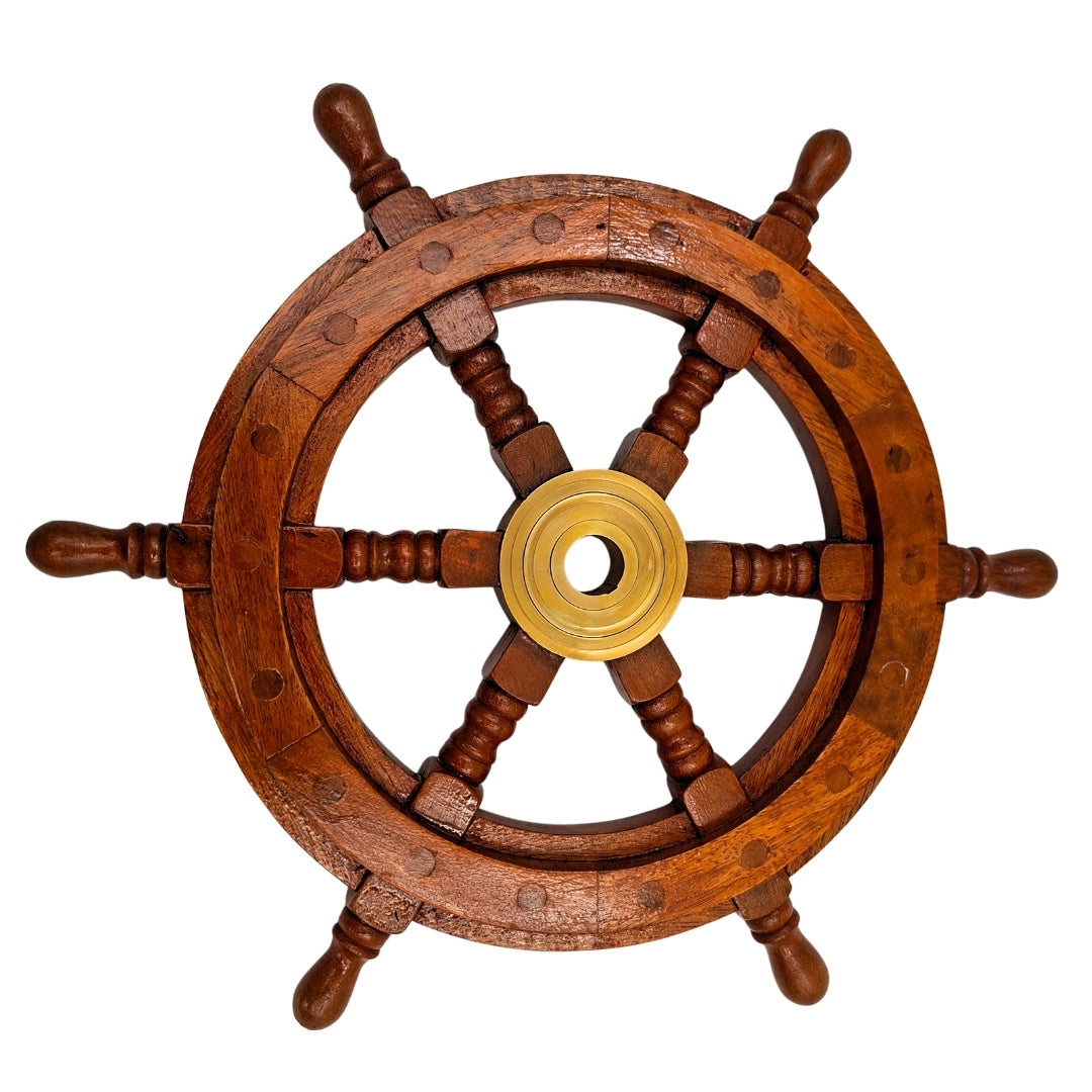 Timón de madera con inserto de latón y espacio para cuña - diámetro 30 cm - regalo ideal con opción de personalización mediante grabado - estilo náutico y retro