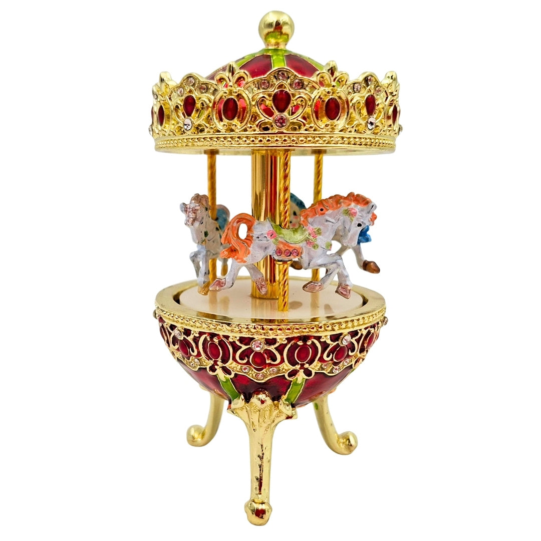 Caja de Música Carrusel con Grabado - Decoración Elegante en Dorado y Rojo, 14 cm