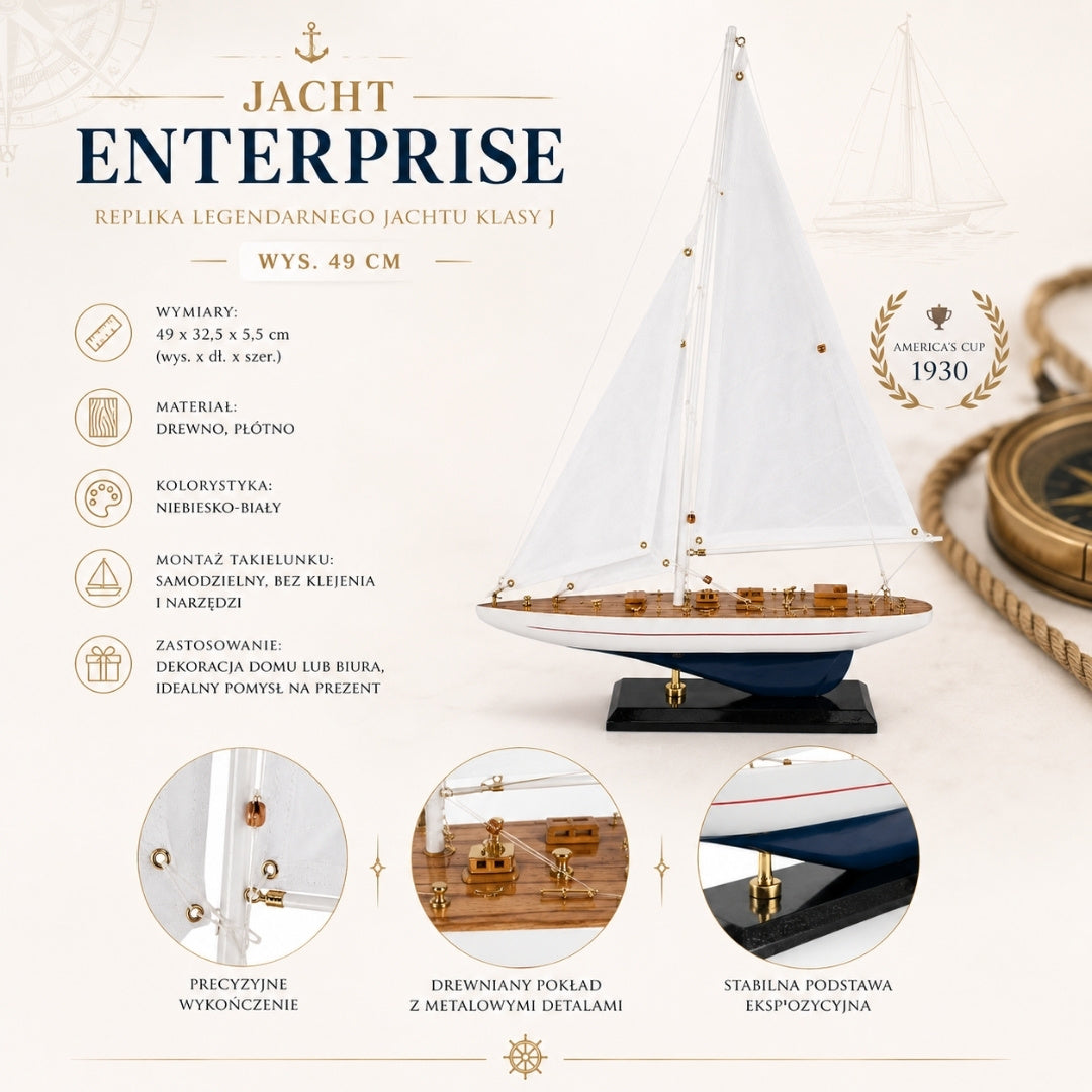 Modelo de yate de madera Enterprise de 49 cm con grabado personalizado