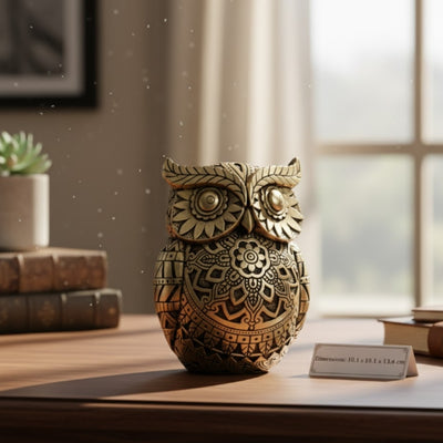 Búho de la sabiduría con posibilidad de personalización con grabado, decoración en color dorado y negro, altura 13,6 cm, regalo ideal para cualquier ocasión