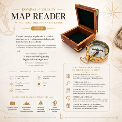 Brújula de latón para lectura de mapas con grabado en caja de madera retro