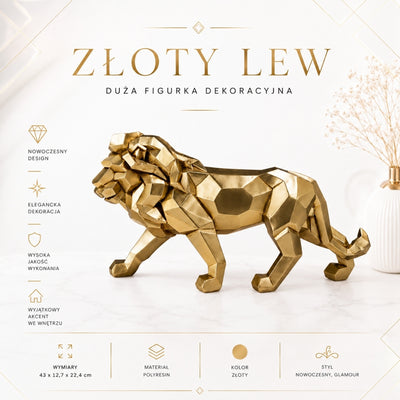 Gran figura de león dorado de 43 cm con posibilidad de personalización con grabado - adorno elegante para regalo, polyresina de alta calidad, estilo moderno glamour