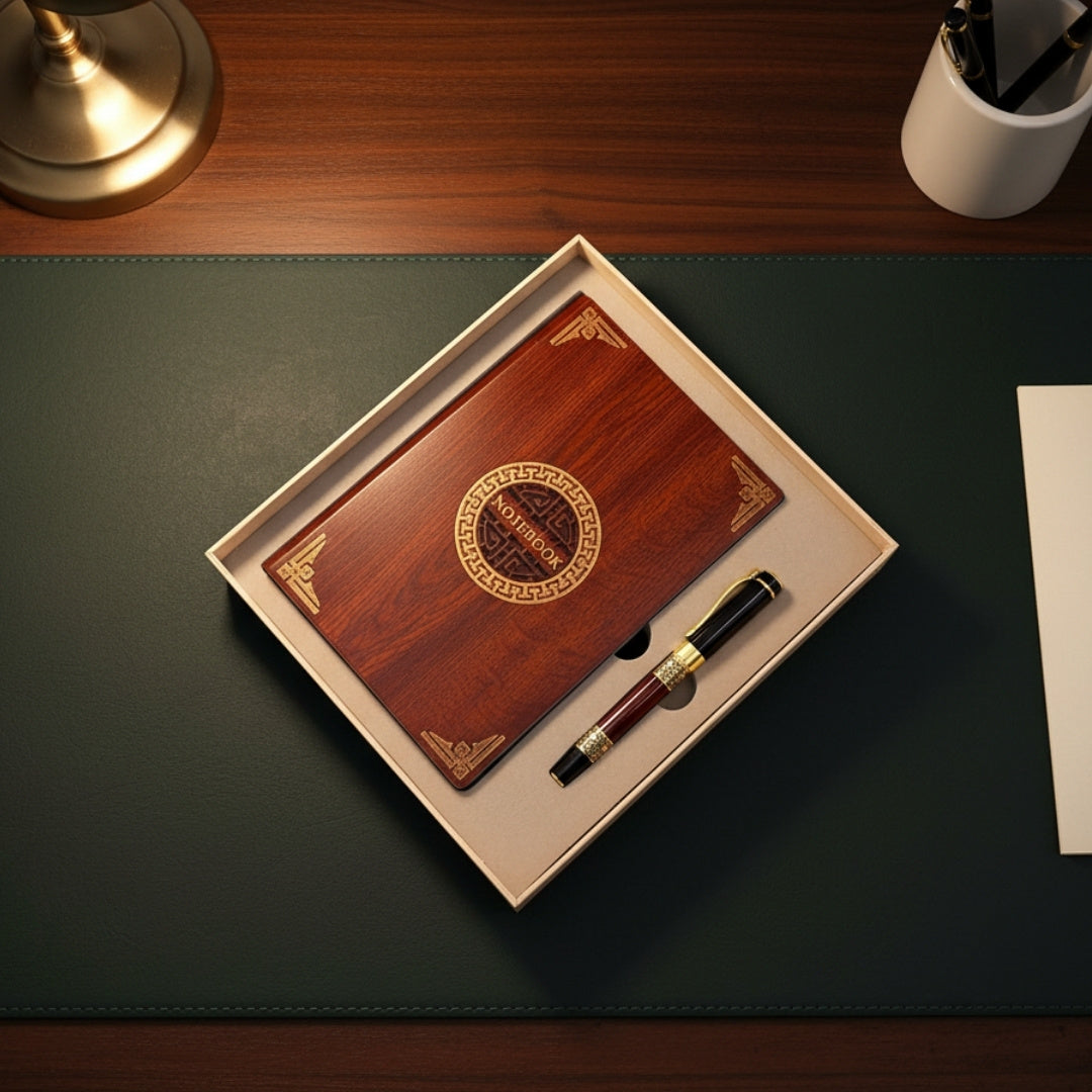 Exclusivo set de regalo premium cuaderno A5 con cubierta de madera y bolígrafo – personalización con grabado, ideal para regalo para jefe, profesor, artista – marrón oscuro con elementos dorados