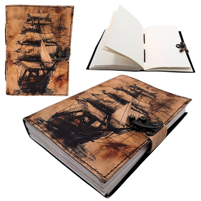 Cuaderno de cuero marinero velero retro con grabado