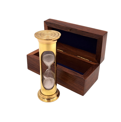 Reloj de arena redondo STP99 en caja de madera con posibilidad de personalización mediante grabado, de latón, dorado, 3 minutos, regalo ideal para amantes de los RPG y récords Guinness