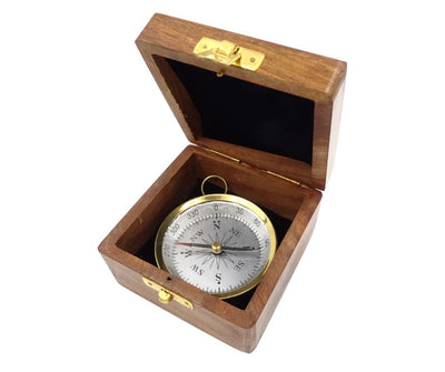 Brújula de Latón en Caja de Madera con Posibilidad de Personalización con Grabado - Regalo Elegante para Amantes de la Náutica, Diámetro 7,5 cm, Altura 1,5 cm