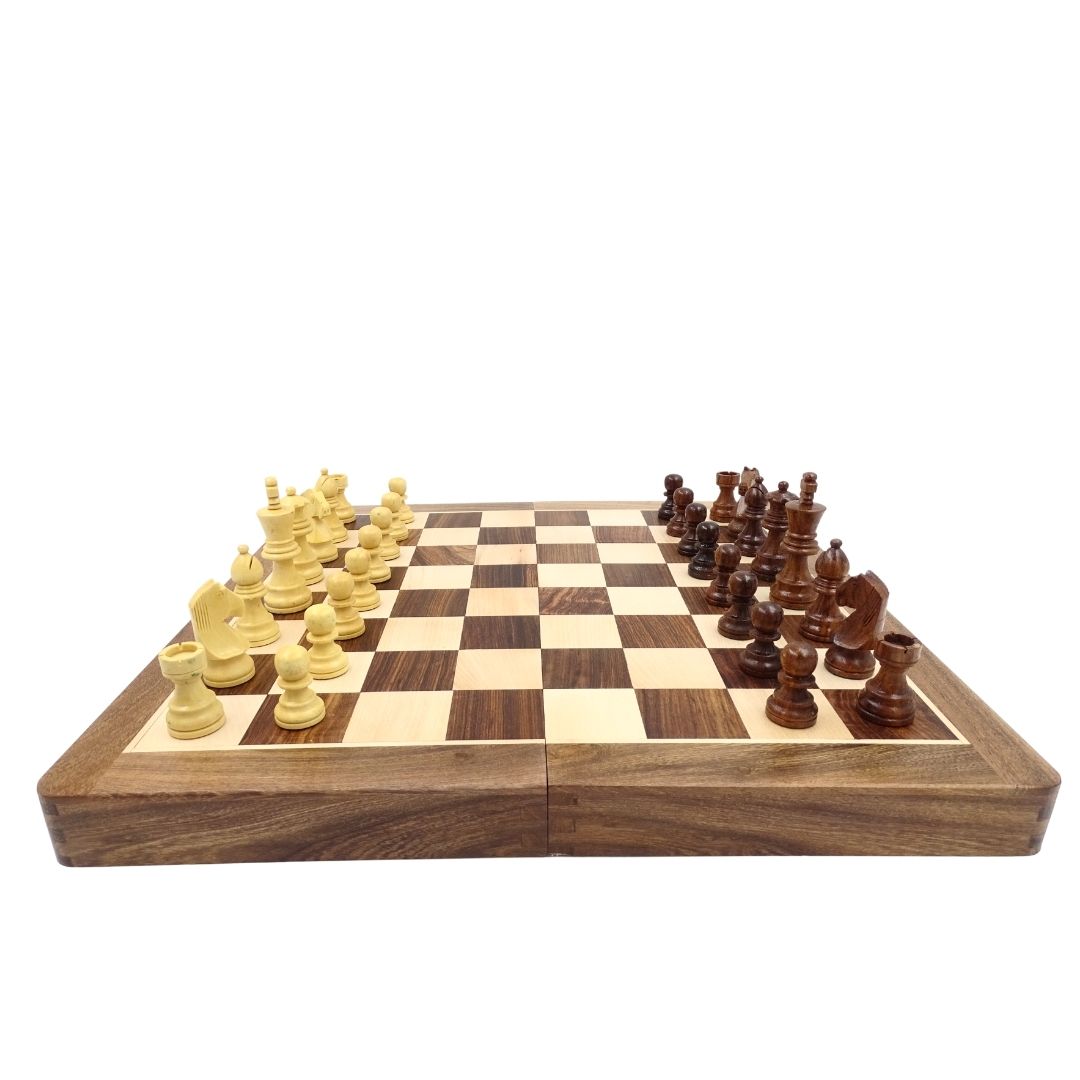 Ajedrez de madera 40x40 cm con grabado - tablero plegable de palisandro indio en color marrón-beige