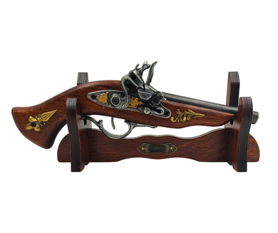 Réplica de pistola italiana del siglo XVII en soporte con posibilidad de personalización mediante grabado - Elemento decorativo elegante para regalo, fabricado en madera y metal pulido, longitud 30 cm