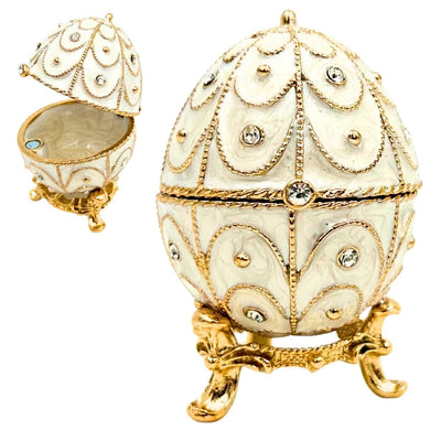 Exclusiva caja joyero huevo Fabergé metálico con cristales en color blanco y dorado con posibilidad de personalización con grabado