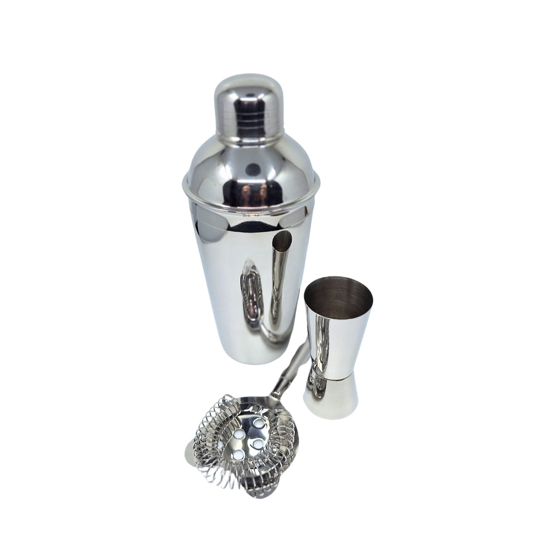 Set de Bar Steel 3 Piezas con Posibilidad de Personalización con Grabado - Coctelera 750 ml, Medidor 15/30 ml, Colador - Regalo Elegante para Amantes de los Cócteles, Acero Inoxidable, Color Plateado