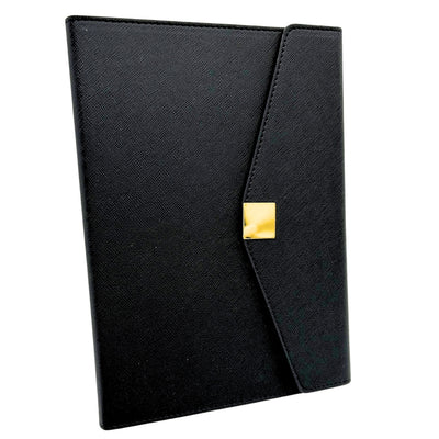 Elegante set de regalo premium con personalización – Cuaderno de cuero A5, bolígrafo y pendrive de 16GB en caja negro y dorado