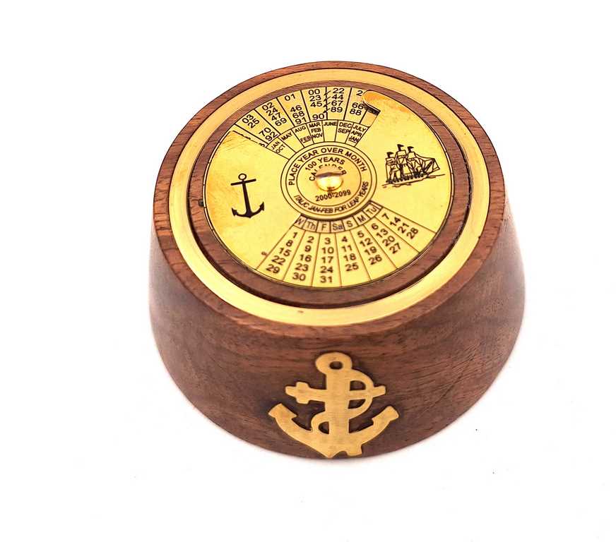 Elegante calendario perpetuo de latón y madera con posibilidad de personalización con grabado, ideal para regalo - marrón y dorado, dimensiones 7,5 x 3,5 cm