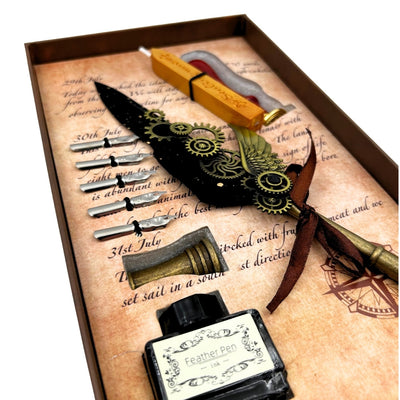 Set de Caligrafía Premium con Pluma de Ganso, 6 Plumillas Intercambiables, Sello y Soporte
