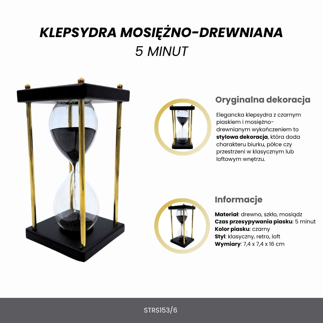 Reloj de arena de latón y madera de 5 minutos con arena negra con posibilidad de personalización con grabado – decoración retro elegante para regalo de 16 cm de altura