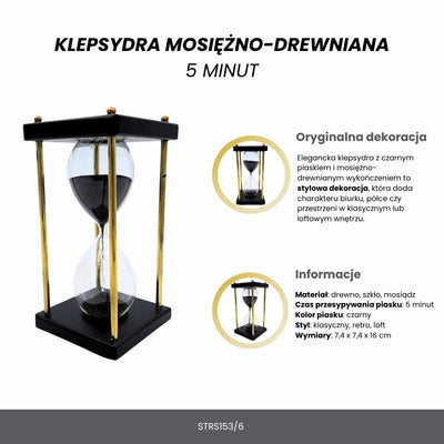Reloj de arena de latón y madera de 5 minutos con arena negra con posibilidad de personalización con grabado – decoración retro elegante para regalo de 16 cm de altura