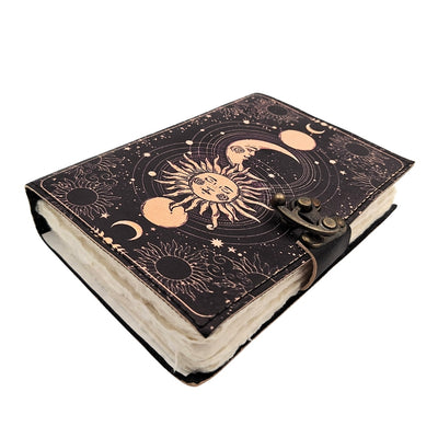 Cuaderno de cuero Sol y Luna decorativo de 200 páginas con posibilidad de personalización con grabado, azul marino, hecho de piel de cabra, ideal para regalo
