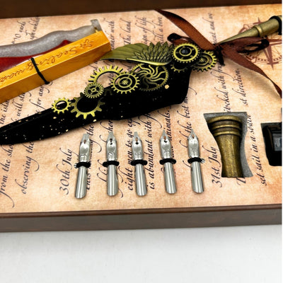 Set de Caligrafía Premium con Pluma de Ganso, 6 Plumillas Intercambiables, Sello y Soporte