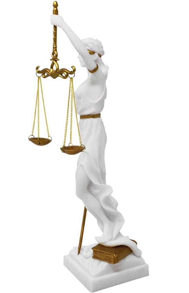 Figura de Temis con posibilidad de personalización con grabado - regalo elegante para abogado, juez o estudiante de derecho, blanca con acentos dorados, altura 35 cm, pintada a mano en polyresina