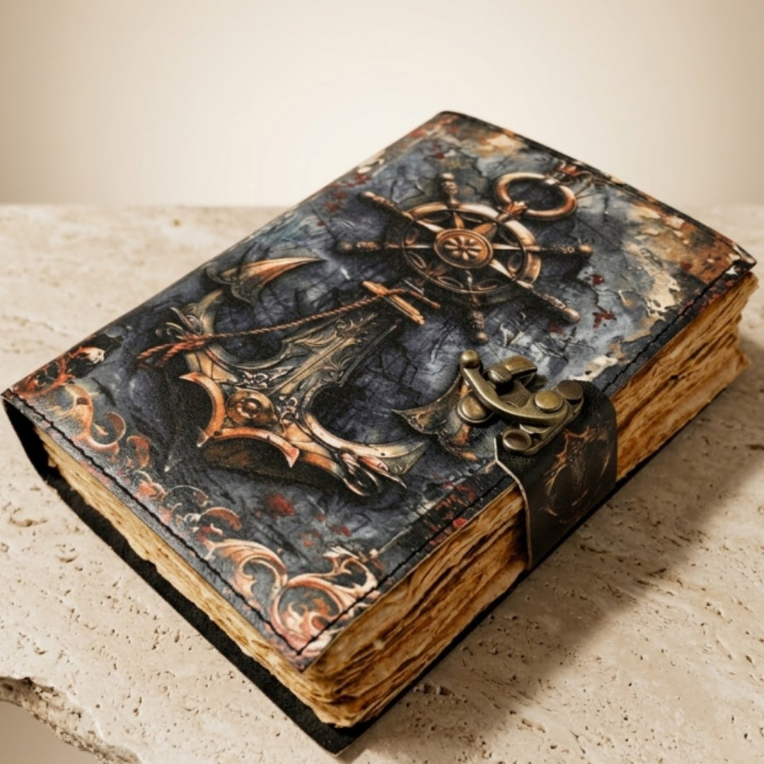Cuaderno de Piel Retro Marinero de 200 páginas con posibilidad de personalización con grabado, ideal para regalo a artistas y viajeros, hecho de piel natural de cabra, color vintage, dimensiones 18 x 13 cm